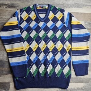 Vintage 90s Y2K Sweater Argyle Striped Blue Yellow White Medium